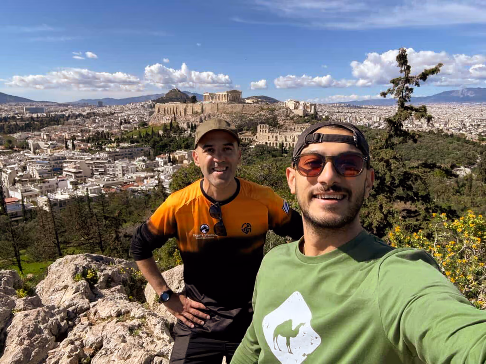 George and a guest taking in the Acropolis view from Philopappos Hill during a small-group walking experience